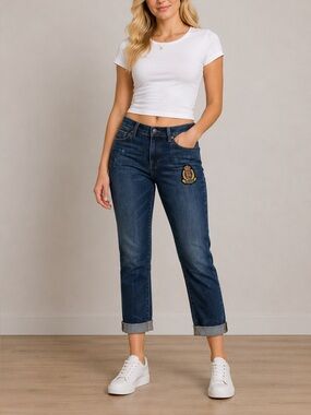 Talbots Girlfriend Jeans Size 6 Blue Stretch Denim Cuffed Ankle Embroidered